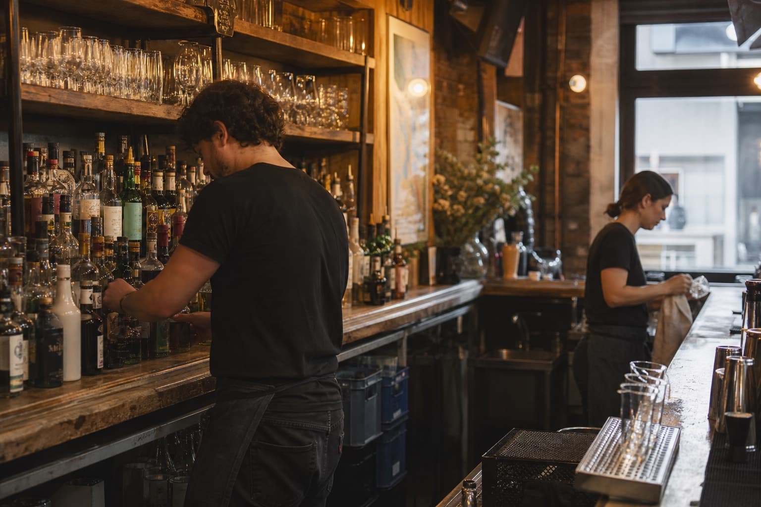 A bar team preparing an independent hospitality venue before service
