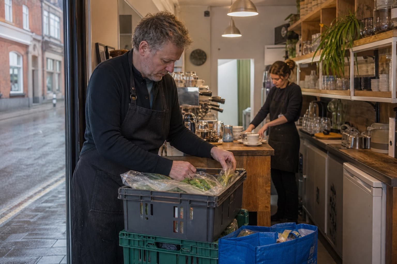 A café owner unpacking a delivery while a colleague prepares the venue for service