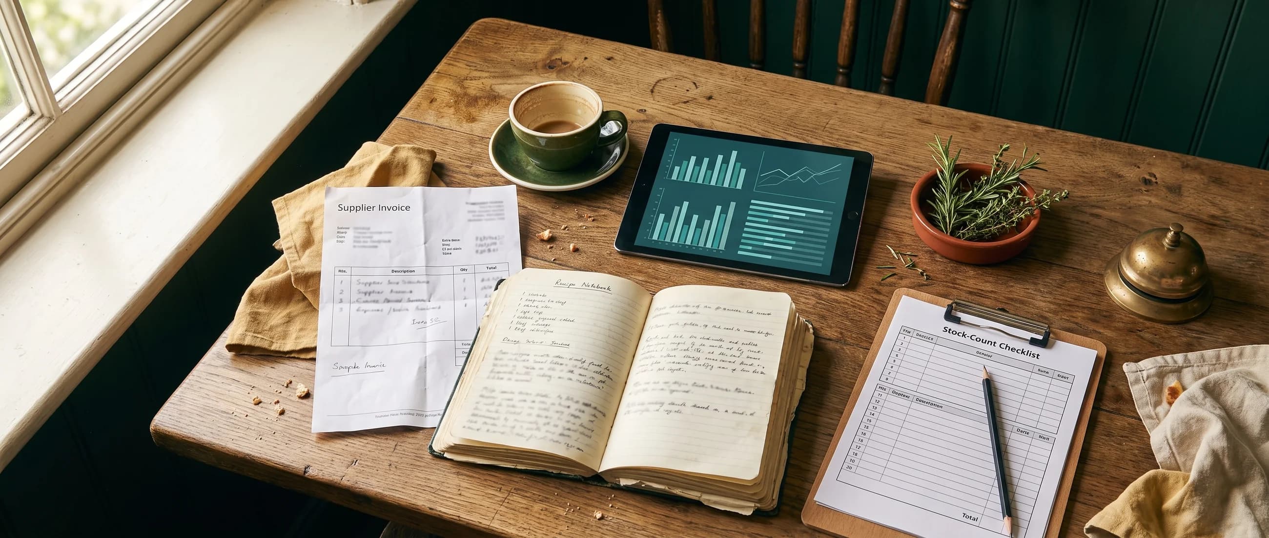 A supplier invoice, recipe notebook, tablet and stock-count sheet arranged on a pub table