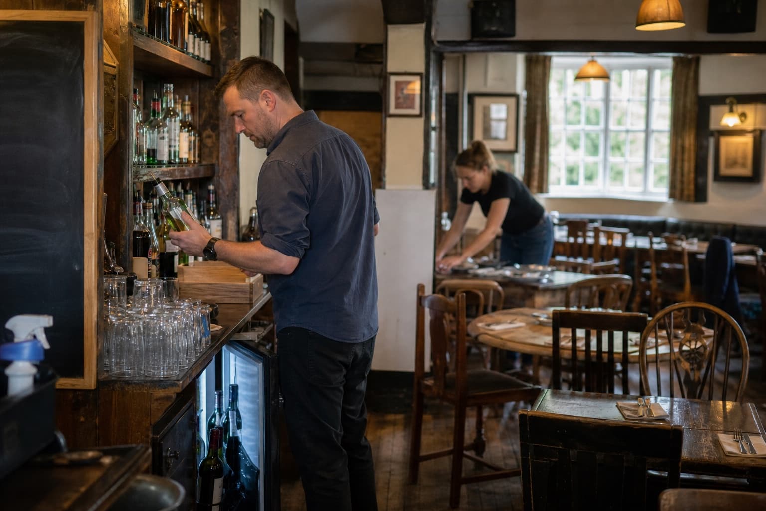 A pub manager checking bar stock while a colleague sets tables before service