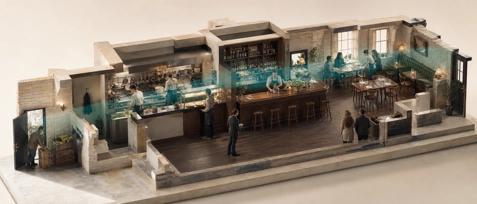 A cutaway view of an independent hospitality venue showing delivery, kitchen, bar and service working together