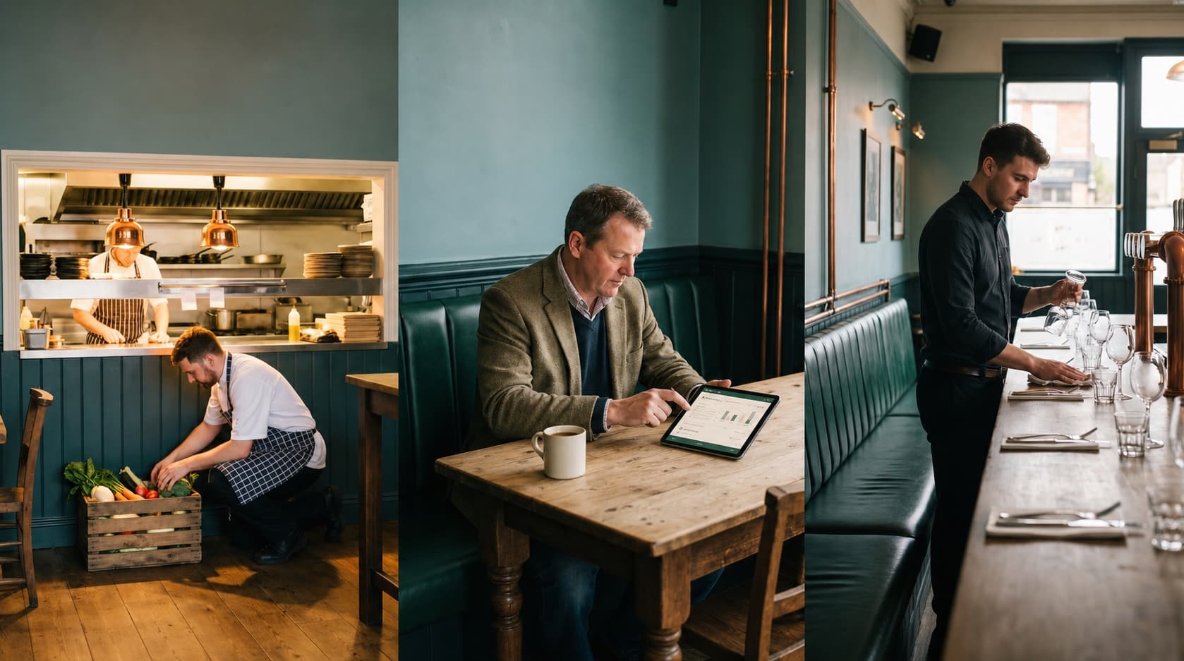 A venue manager using Retriever on a tablet while the kitchen and front-of-house team prepare for service